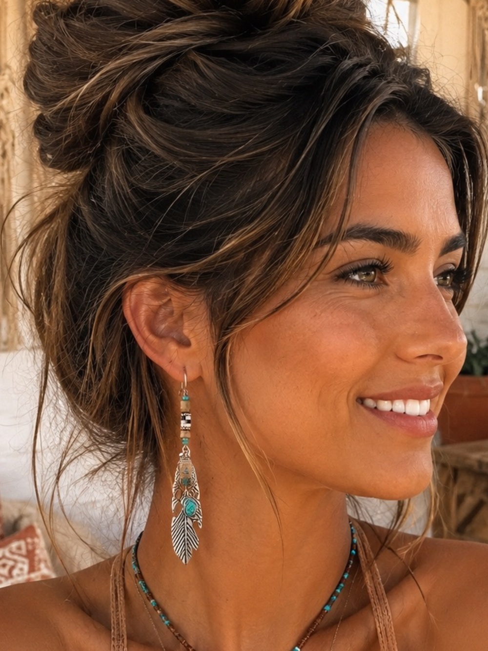 Boho Western Turquoise Feather Dangle Statement Earrings 💫